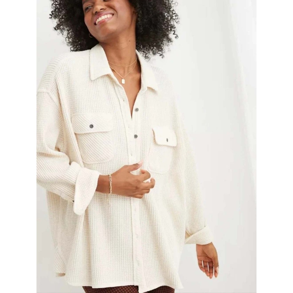 Aerie Lumber Jane Waffle Knit Shacket Women's Small Cream Button Up Long Sleeve